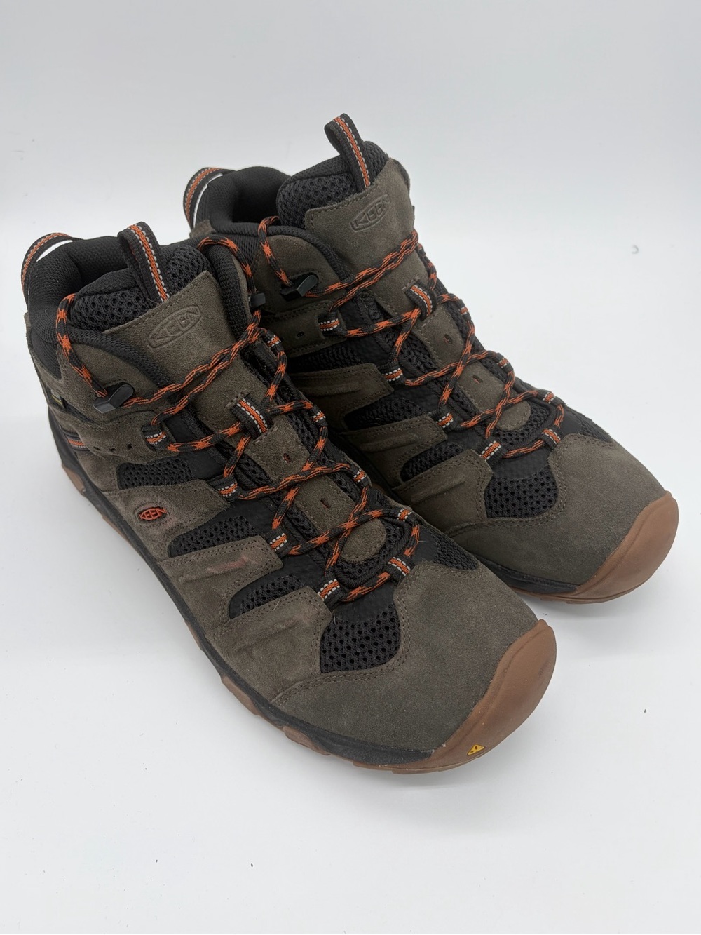 KEEN Men's Olive Brown Mid-Top Hiking Shoes with Orange Laces